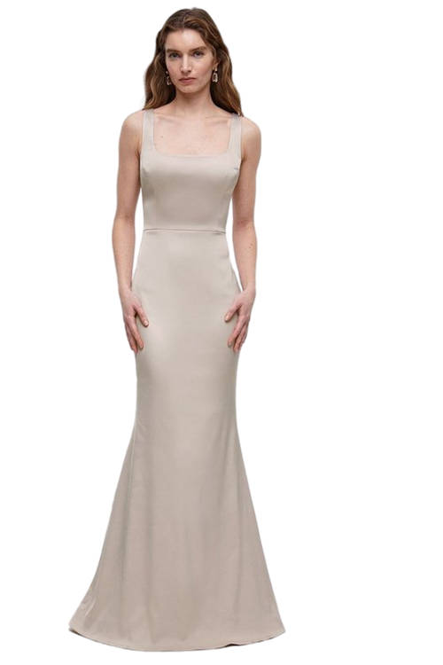 Jacques Vert Champagne Square Neck Fishtail Stretch Satin Bridesmaids Maxi Dress BCC04595