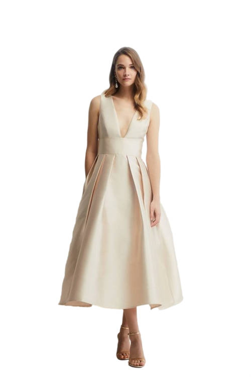 Jacques Vert Champagne Structured Deep V Full Midi Dress BCC03121