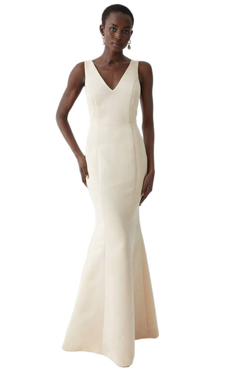 Jacques Vert Champagne Structured Satin Cross Back Fishtail Bridesmaids Dress BCC05441