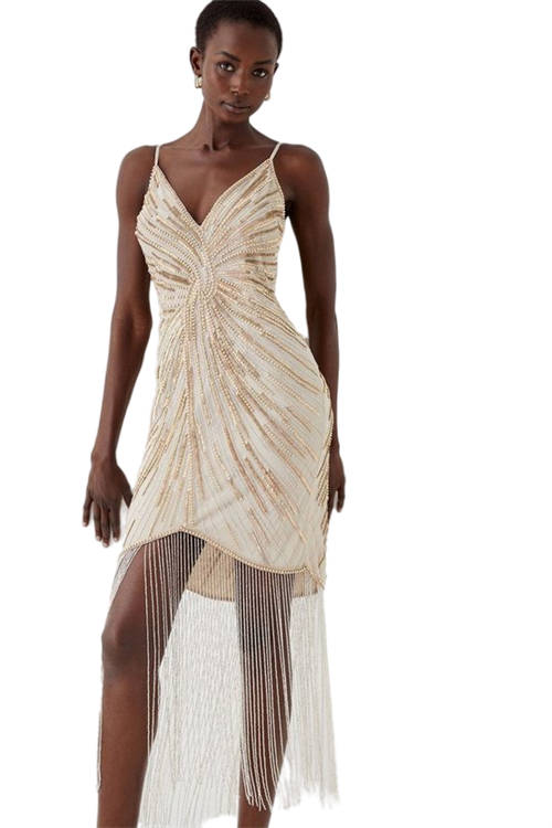 Jacques Vert Champagne Twist Front Hand Embellished Fringe Cami Dress BCC05516