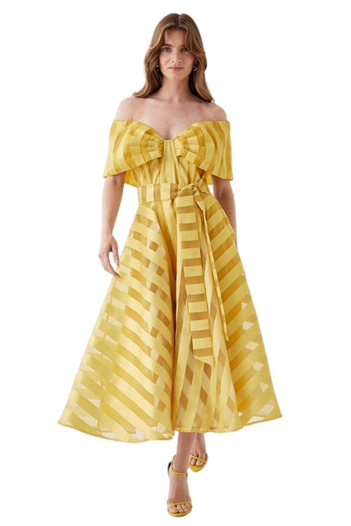 Jacques Vert Chartreuse Bardot Midi Dress In Stripe Organza BCC05690