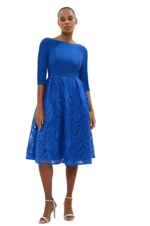 Jacques Vert Cobalt 2 In 1 Embroidered Skirt Midi Dress BCC03993