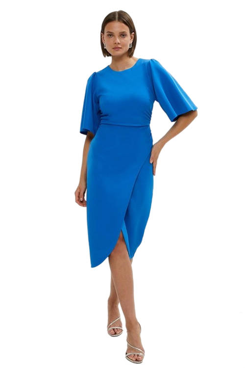 Jacques Vert Cobalt Flare Sleeve Crepe Wrap Pencil Dress BCC00458