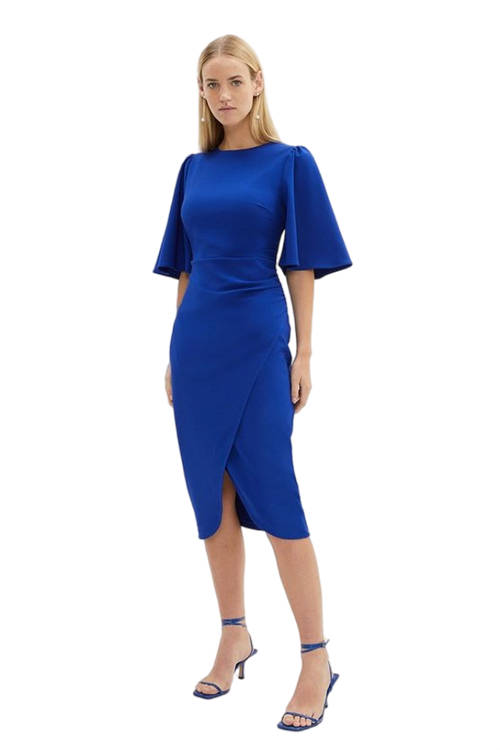 Jacques Vert Cobalt Flare Sleeve Crepe Wrap Pencil Dress BCC04051