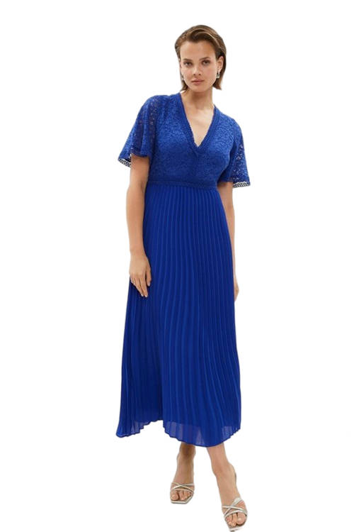 Jacques Vert Cobalt Lace Bodice Angel Sleeve Pleat Skirt Maxi Dress BCC00805