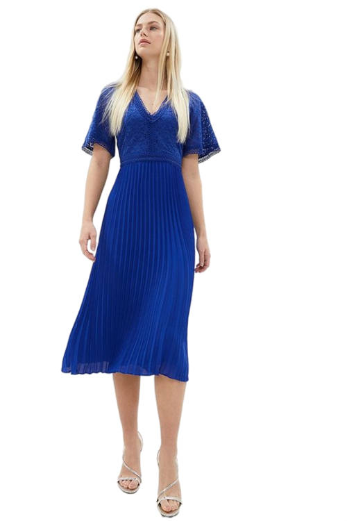 Jacques Vert Cobalt Lace Bodice Angel Sleeve Pleat Skirt Midi Dress BCC00806