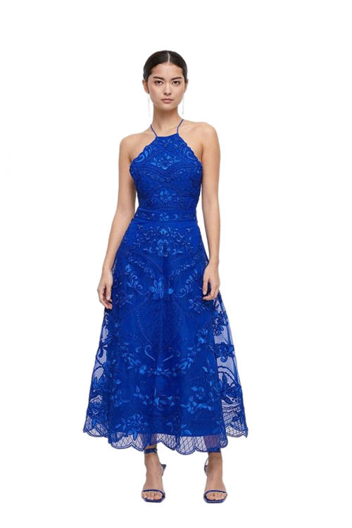 Jacques Vert Cobalt Petite Halterneck Midi Dress In Cutwork Lace BCC04112