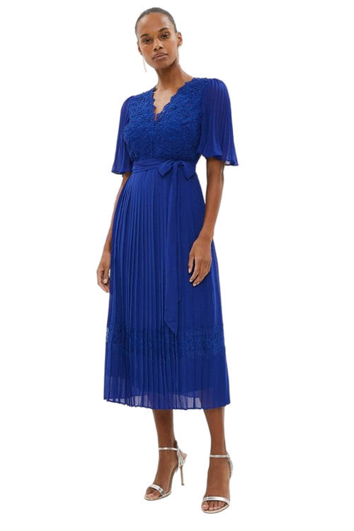 Jacques Vert Cobalt Pleated Angel Sleeve Lace Bodice Midi Dress BCC03306