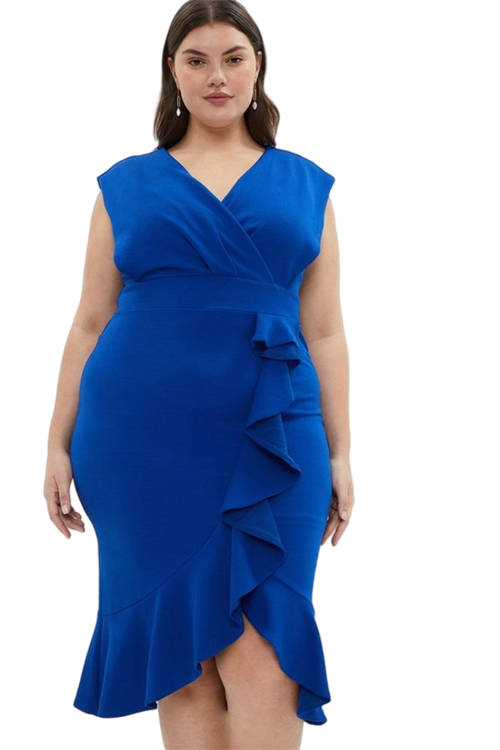 Jacques Vert Cobalt Plus Size Crepe Wrap Top Ruffle Dress BCC03937