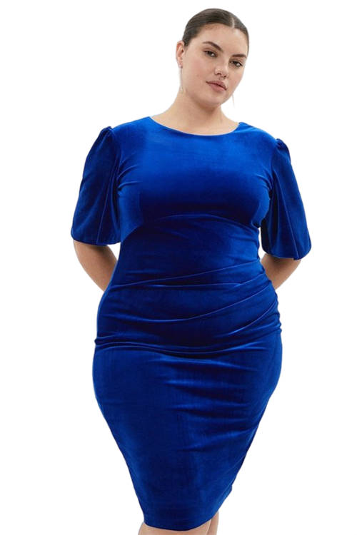 Jacques Vert Cobalt Plus Size Velvet Flare Sleeve Sculpting Dress BCC03428