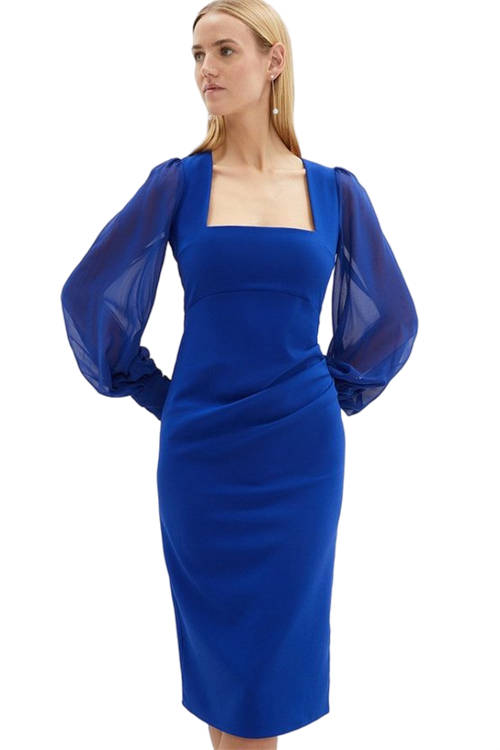 Jacques Vert Cobalt Square Neck Woven Sleeve Bodysculpt Crepe Pencil Dress BCC04116