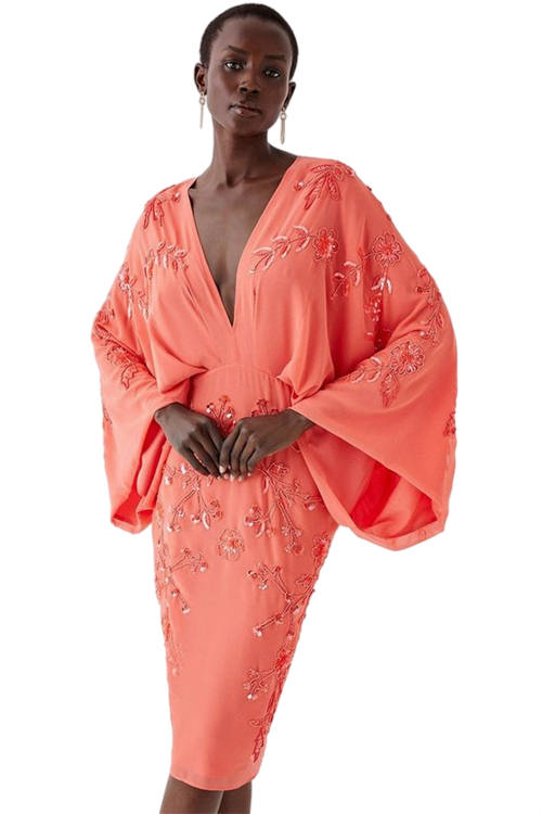 Jacques Vert Coral All Over Beaded V Neck Kimono Midi Dress BCC05291