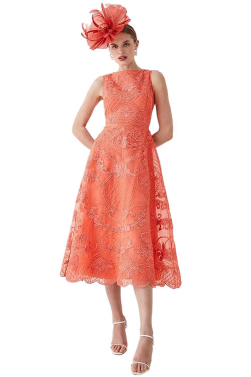 Jacques Vert Coral Premium Embroidered Organza Full Skirt Midi Dress ...