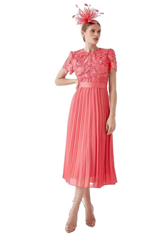 Jacques Vert Coral Premium Floral Satin Lace Pleat Skirt Midi Dress BCC05104