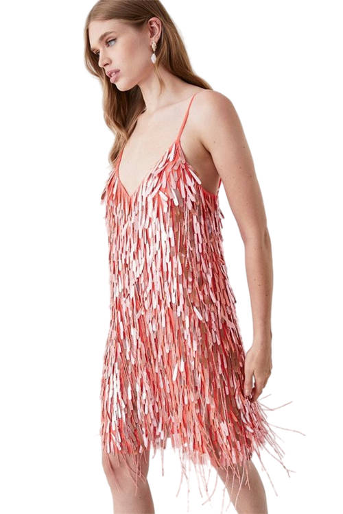 Jacques Vert Coral Premium Sequin And Fringe Mini Dress BCC03356