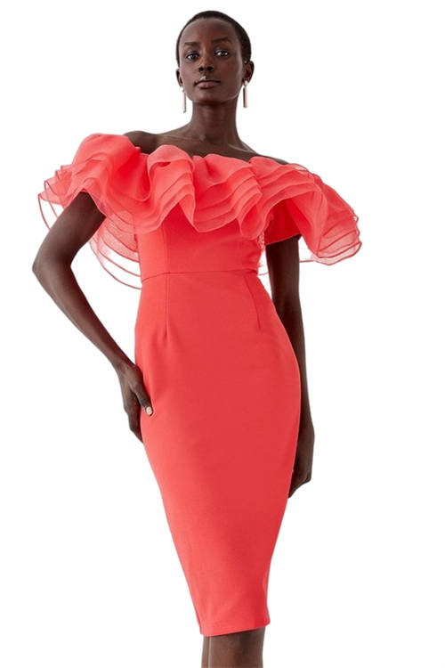 Jacques Vert Coral Scuba Crepe Organza Frill Bardot Midi Dress BCC05388