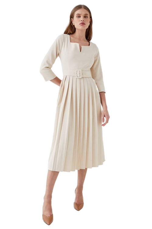 Jacques Vert Cream Belted Notch Neck Pleat Midi Dress BCC05252