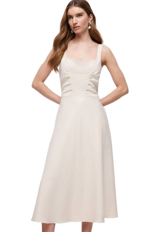 Jacques Vert Cream Premium Pleat Bodice Midi Dress With Full Skirt BCC04523