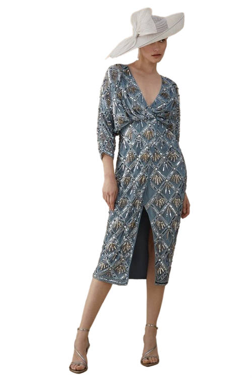 Jacques Vert Dusty Blue Lisa Tan Premium Hand Embellished Deco Wrap Midi Dress BCC04555