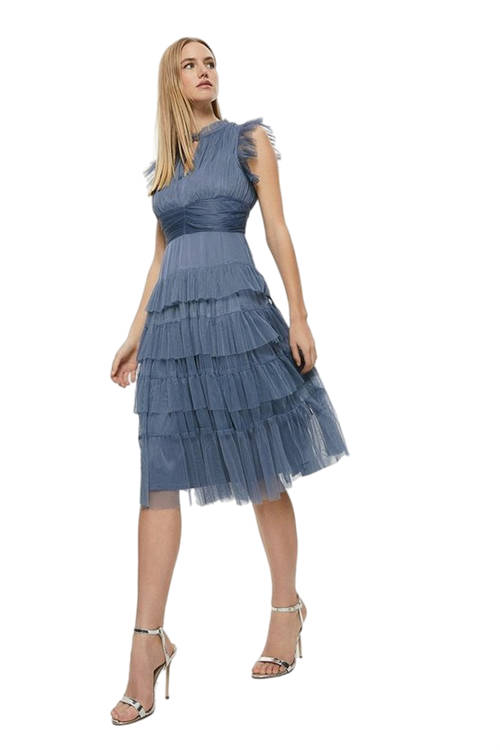 Jacques Vert Dusty Blue Tulle Tiered Frill Sleeve Dress ACC95332