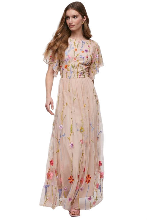 Jacques Vert Dusty Rose Meadow Embroidered Flute Sleeve Maxi Dress BCC01464