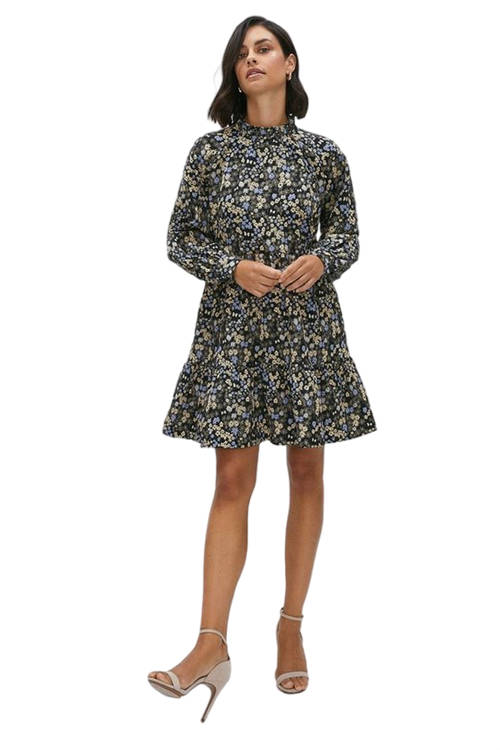 Jacques Vert Floral Tiered Long Sleeve Jacquard Dress ACC02638