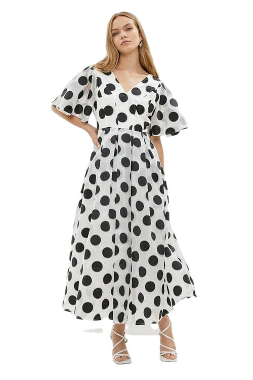 Jacques Vert Flute Sleeve Mono Spot Jacquard Midi Dress BCC03581