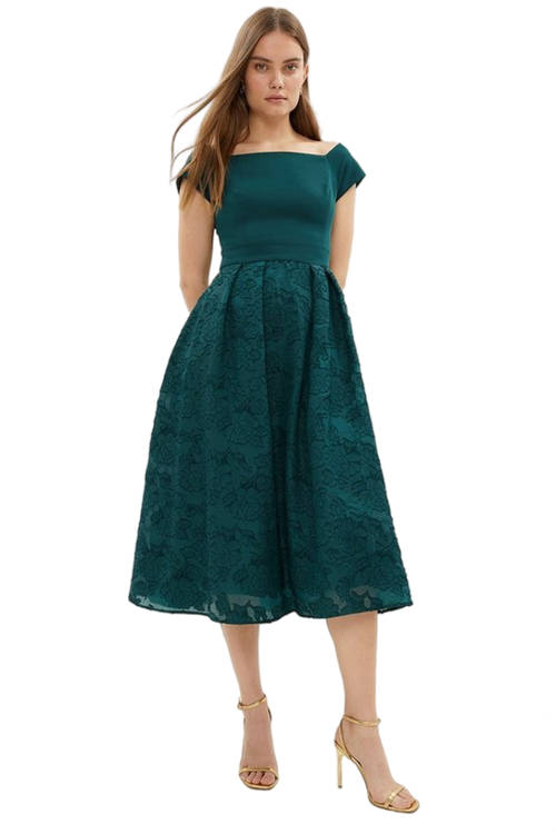 Jacques Vert Forest Bardot Clipped Jacquard Midi Dress ACC99205