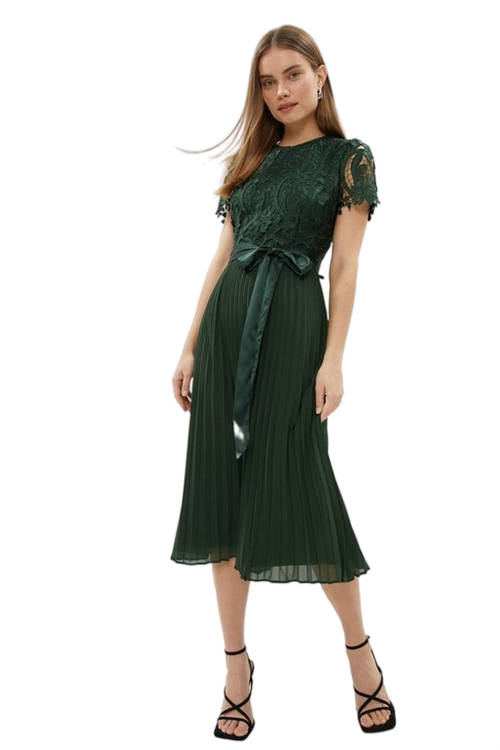 Jacques Vert Forest Belted Lace Bodice Pleat Skirt Midi Dress ACC03455