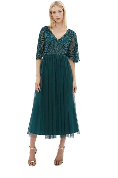 Jacques Vert Forest Embellished Bodice Angel Sleeve Midi Dress BCC02752