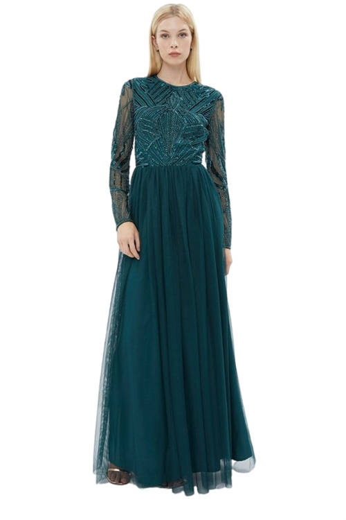 Jacques Vert Forest Embellished Bodice Long Sleeve Maxi Dress BCC02749