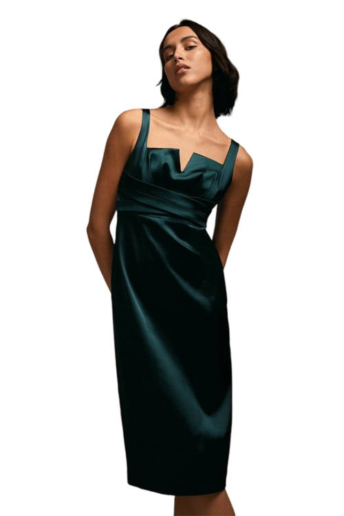 Jacques Vert Forest Julie Kuyath Premium Italian Satin Cross Front Pencil Midi Dress BCC03963