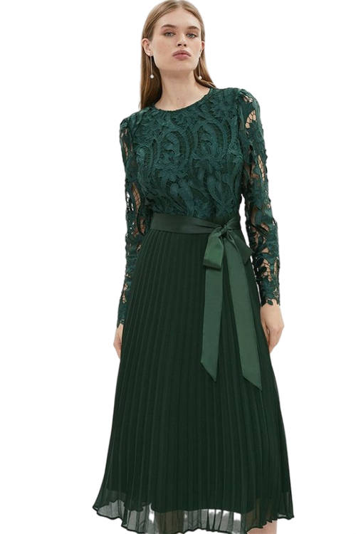 Jacques Vert Forest Long Sleeve Lace Bodice Pleat Skirt Midi Dress BCC04312