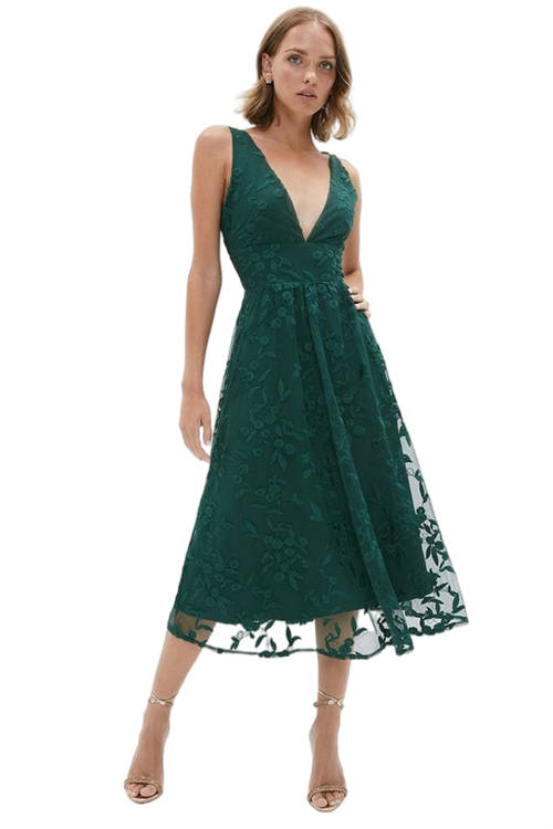 Jacques Vert Forest Petite Deep V Full Skirt Embroidered Midi Dress BCC03279