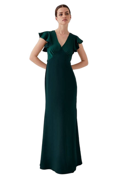 Jacques Vert Forest Petite Open Ruffle Back V Neck Satin Bridesmaids Dress BCC04504