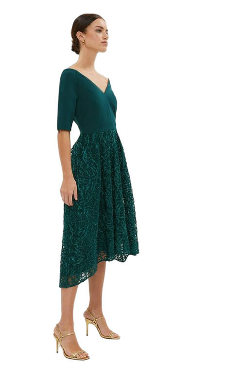 Jacques Vert Forest Petite V Neck Embroidered Midi Dress BCC03246