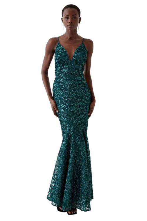 Jacques Vert Forest Plunge Neck Bodycon Fishtail Maxi Dress BCC05404