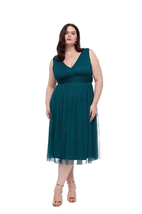 Jacques Vert Forest Plus Size Sleeveless Tulle V Front Bow Back Midi Dress BCC03887