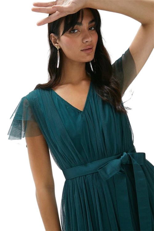 Jacques Vert Forest Tulle V-Neck Tie Belt Bridesmaid Maxi Dress ACC95330