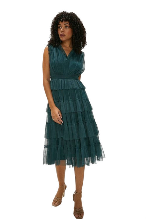 Jacques Vert Forest V Neck Tiered Skirt Midi Dress ACC01608