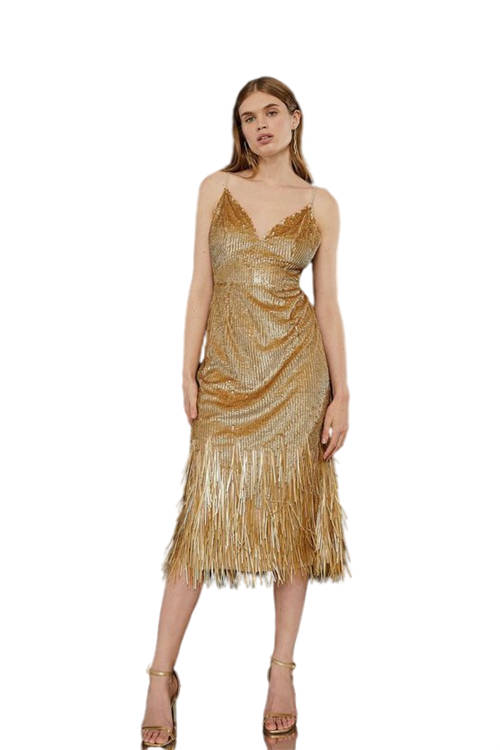 Jacques Vert Gold All Over Sequin Fringe Hem Midi Dress BCC03755