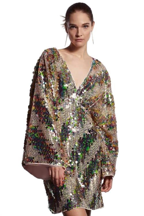 Jacques Vert Gold Batwing Plunge Neck Sequin Mini Dress BCC04257