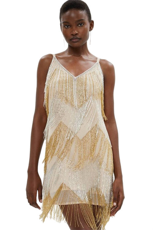 Jacques Vert Gold Embellished Fringe Two Tone Mini Dress BCC02491