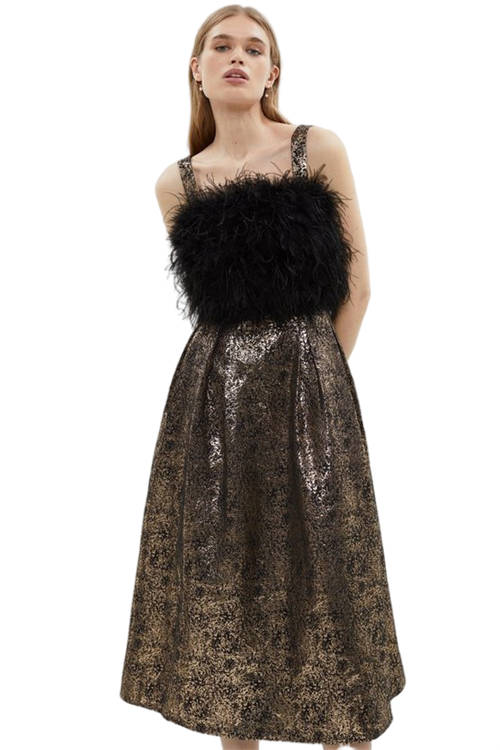 Jacques Vert Gold Feather Bodice Metallic Jacquard Full Skirt Midi Dress BCC04251