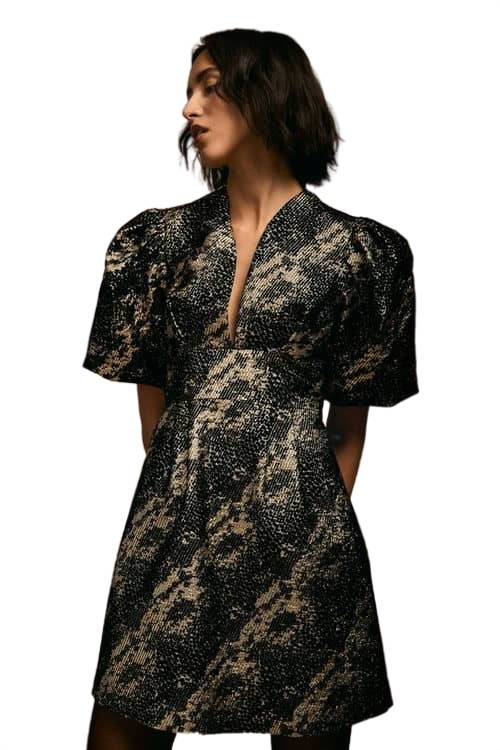 Jacques Vert Gold Julie Kuyath Puff Sleeve Jacquard Mini Dress BCC03964