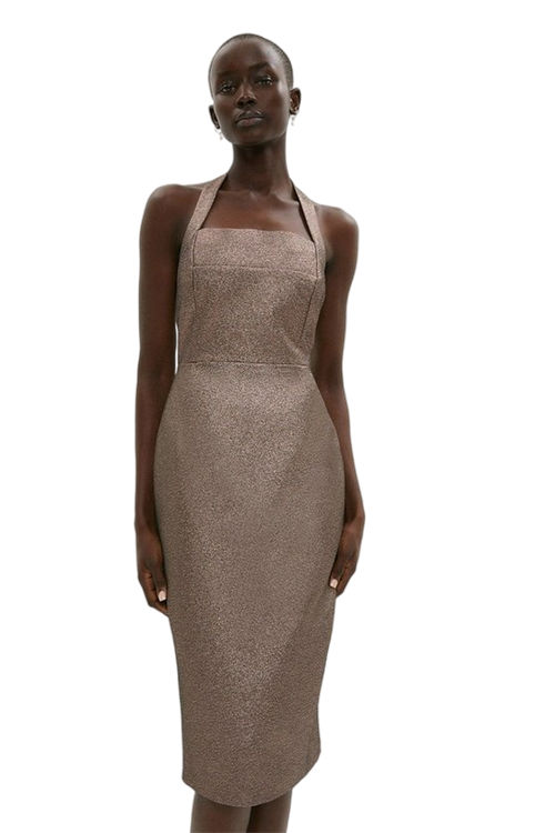 Jacques Vert Gold Sparkle Jacquard Halter Neck Pencil Dress BCC04186