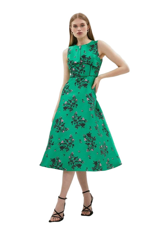 Jacques Vert Green Jacquard Tipped Bodice Detail Midi Dress BCC01534