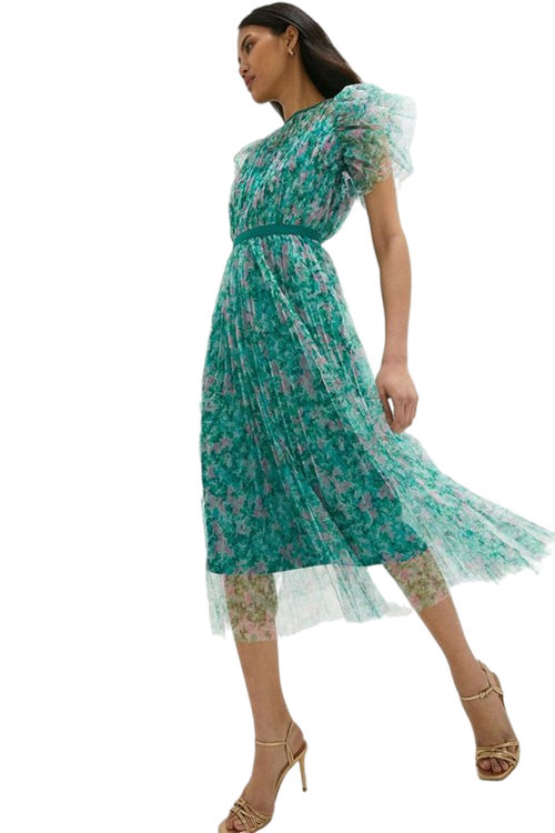 Jacques Vert Green Mesh Printed Dress With Pleated Skirt ACC00282