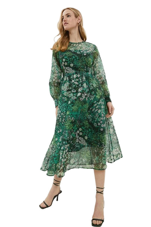 Jacques Vert Green Organza Long Sleeve Midi Dress BCC00482