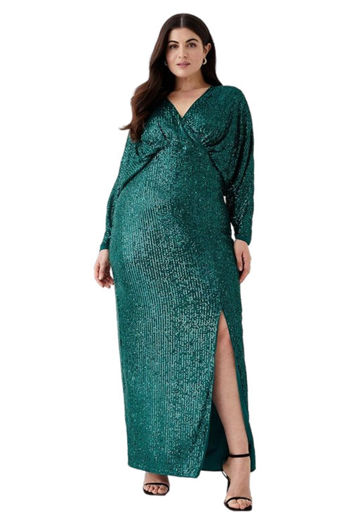 Jacques Vert Green Plus Size Sequin Cross Front Maxi Dress BCC05196